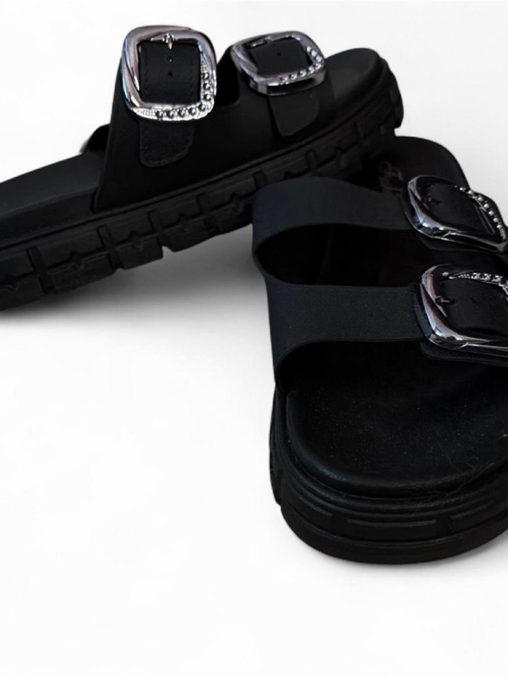 Fashion Union Black Slide Sandals with Silver Buckles